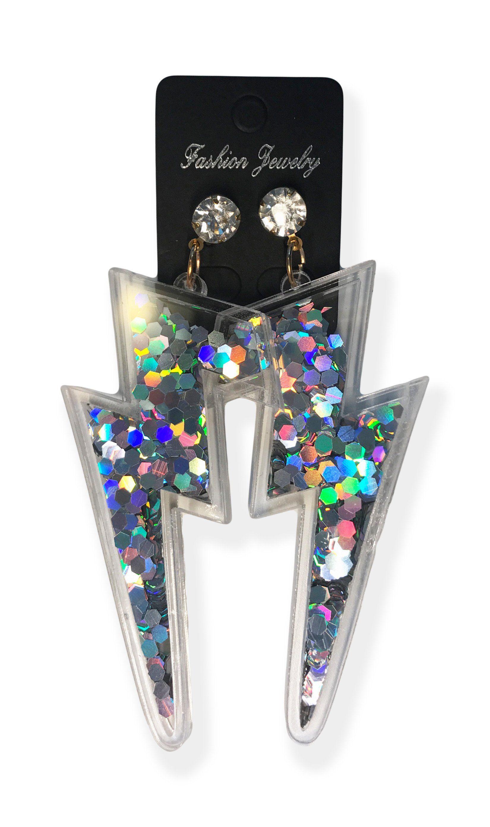 Lightning Bolt Inside Diamond Logo - Lightning Bolt Earrings w/ Glitter Sparkle Sequins Inside