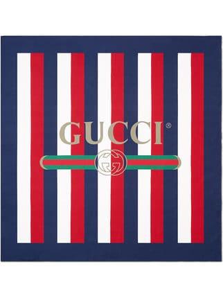 Red Gucci Logo - Gucci blue, white and red Gucci logo Sylvie stripe silk scarf $495