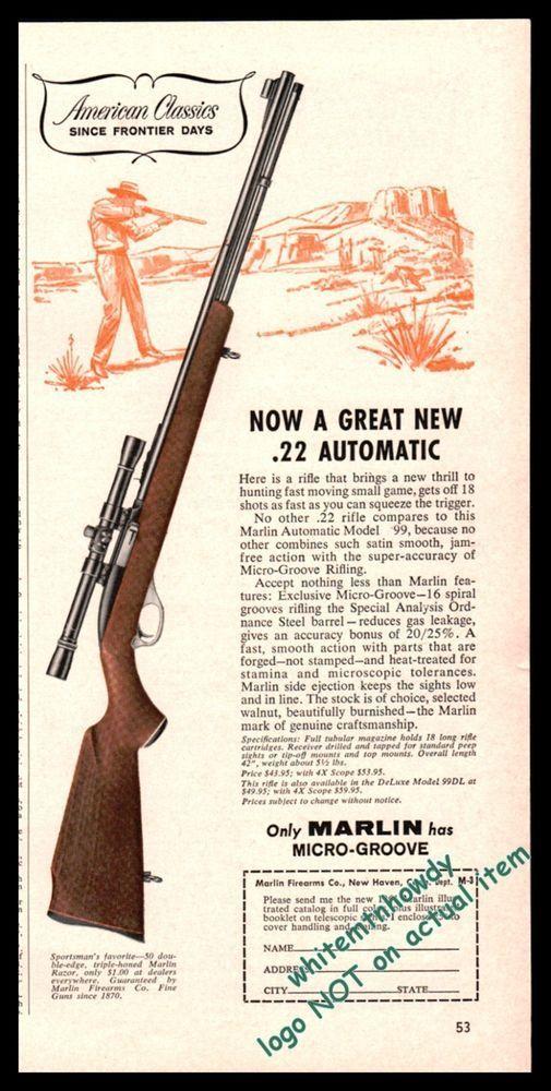 Marlin Firearms Logo - 1961 MARLIN Model 99 Automatic .22 Rifle PRINT AD Old Gun ...