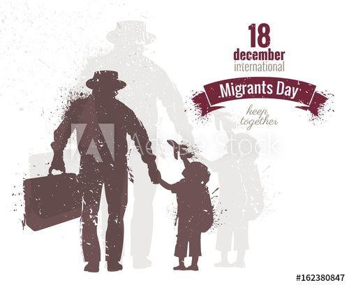 Man Holding Sun Logo - International Migrants Day flyer, banner or poster, silhouette of a ...