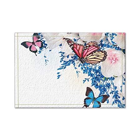 Multicolored Butterfly Logo - Blue and multicolored butterfly in white flowers Bath Rug Non-Slip ...