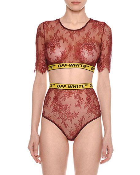 Red Off White Logo - Off White Crewneck Short Sleeve Lace Bra Top With Logo Band, Red