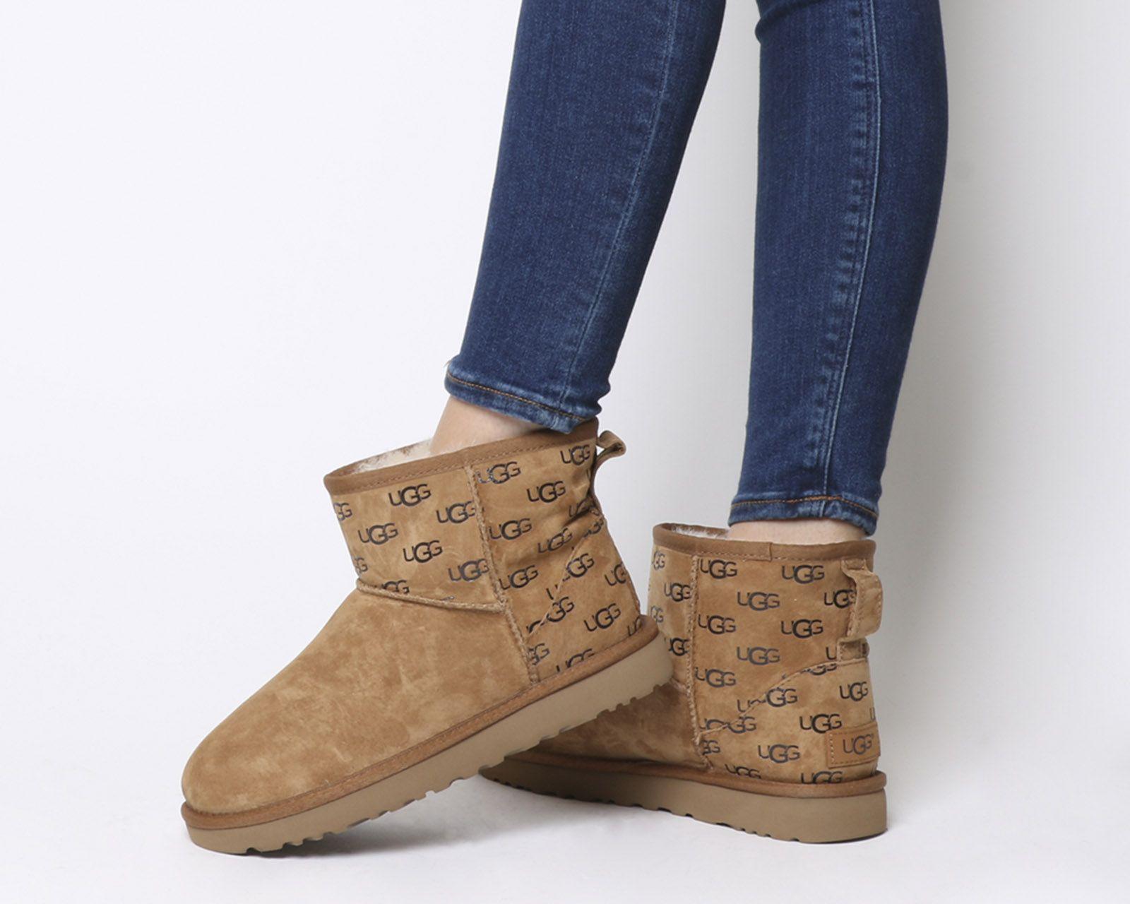 UGG Boots Logo - UGG Classic Mini II Logo Exclusive Boots Chestnut Logo - Ankle Boots