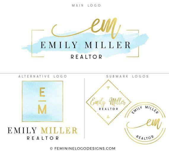 Blue and Gold Square Logo - Blue logo set Watercolor logo package Gold logo Square | Etsy