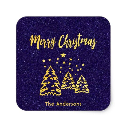 Blue and Gold Square Logo - Merry Christmas winter forest blue glitter gold Square Sticker ...