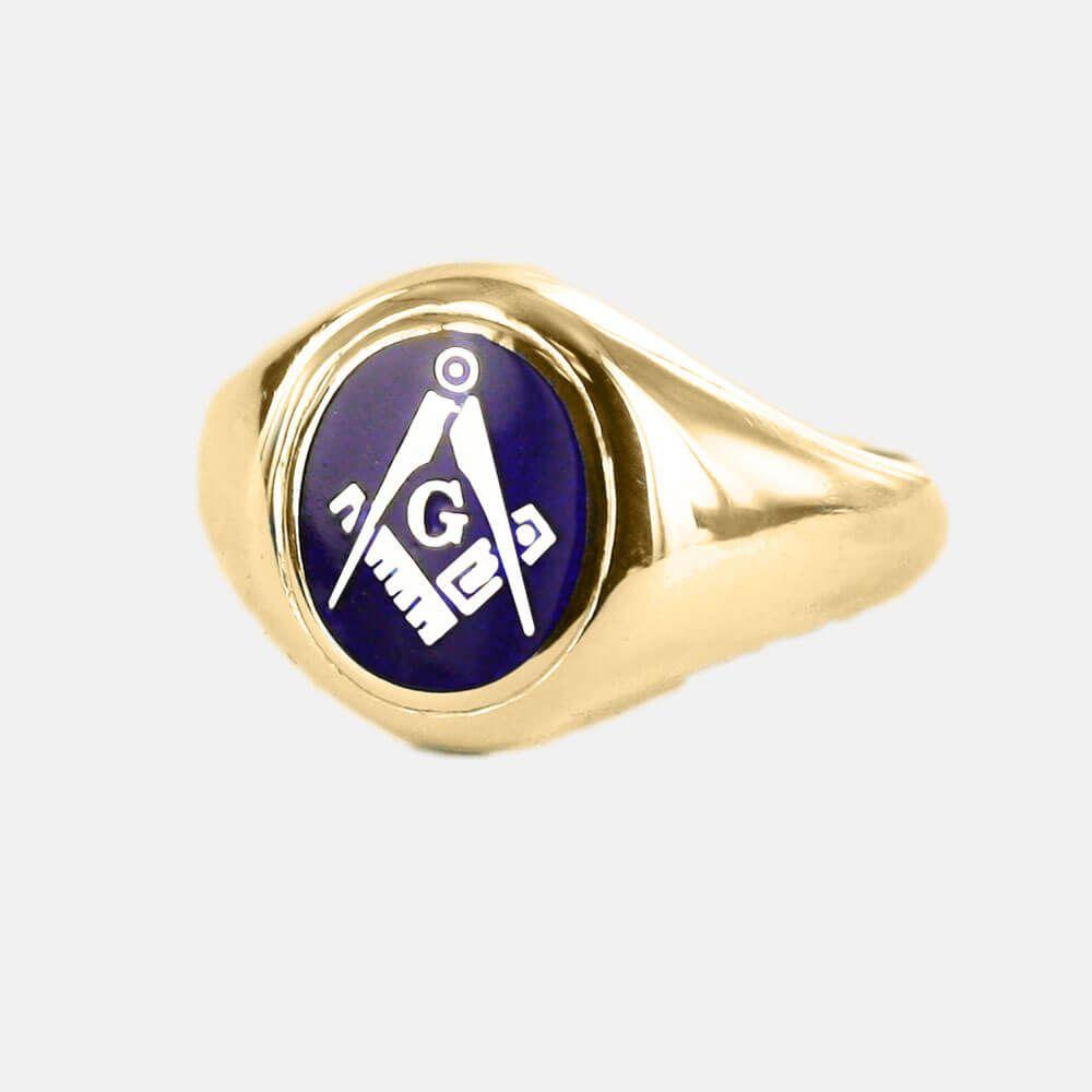 Blue and Gold Square Logo - Gold Square And Compass with G Oval Head Masonic Ring (Blue)- Fixed