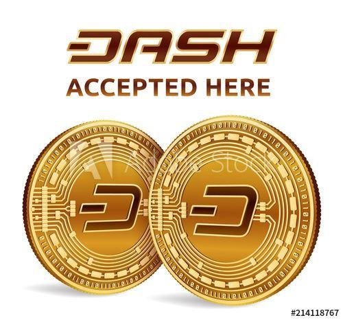 Dash Symbol Logo - Dash. Accepted sign emblem. Crypto currency. Golden coins with Dash