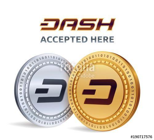 Dash Symbol Logo - Dash. Accepted sign emblem. Crypto currency. Golden and silver coins