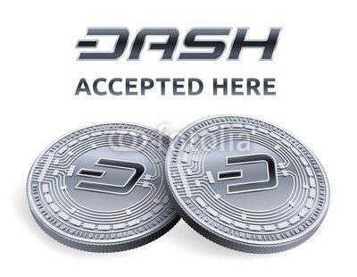 Dash Symbol Logo - Dash. Accepted sign emblem. Crypto currency. Silver coins with Dash