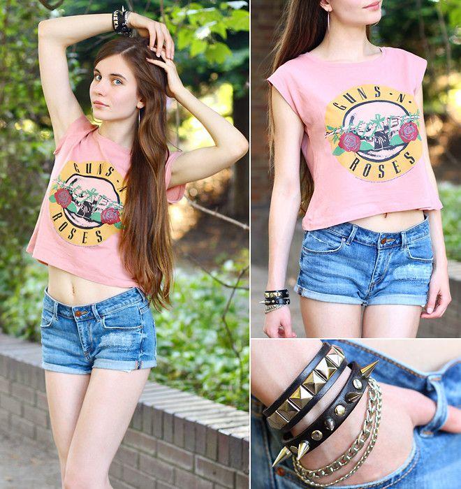 Pink Guns N' Roses Logo - Ariadna Majewska - Guns N' Roses Pink T Shirt, H&M Denim Shorts ...