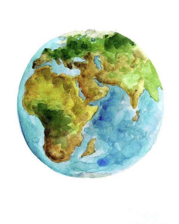 Blue and Yellow Earth Logo - Planet Earth, Asia Map Poster, Africa Map Watercolor Painting, Blue