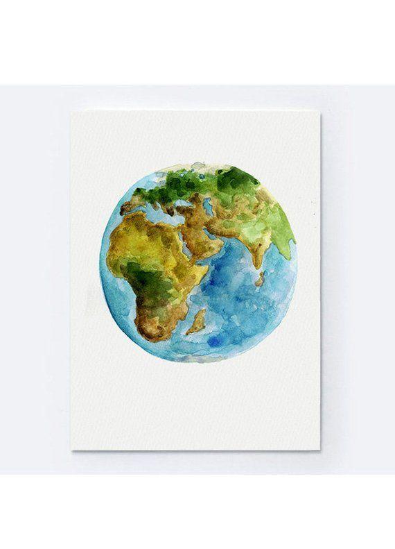 Blue and Yellow Earth Logo - Africa Map Planet Earth Watercolor Painting, Blue Green Yellow Globe