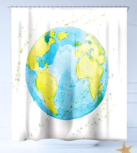 Blue and Yellow Earth Logo - HAIXIA Shower Curtains Earth Hand Drawn Watercolor Style Earth Kids