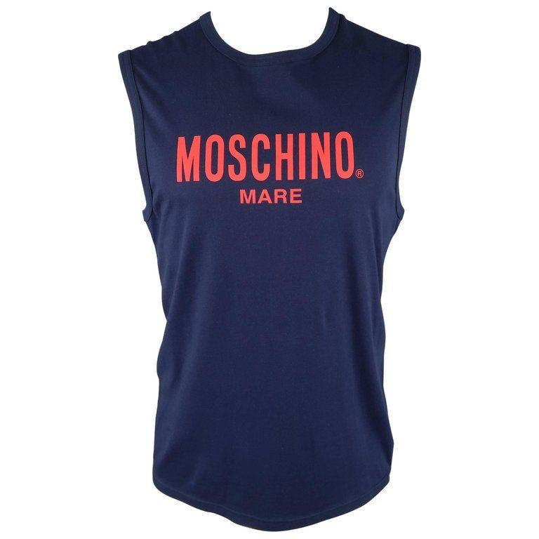 Moschino Red Logo - Moschino Mare Men's Navy and Red Logo Cotton Sleeveless T Shirt at
