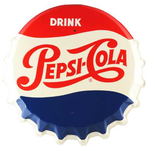 1950s Pepsi Cola Logo - 1950's Pepsi-Cola Tin Bottle Cap Sign.