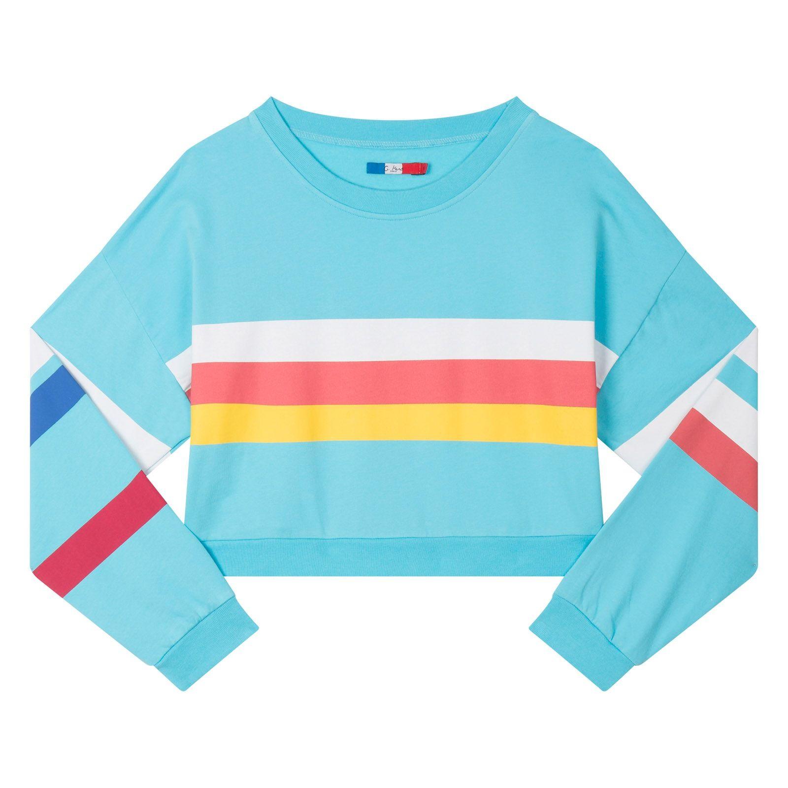 Striped White and Blue and Yellow Logo - Crop cotton sweat-shirt with white red and yellow stripes