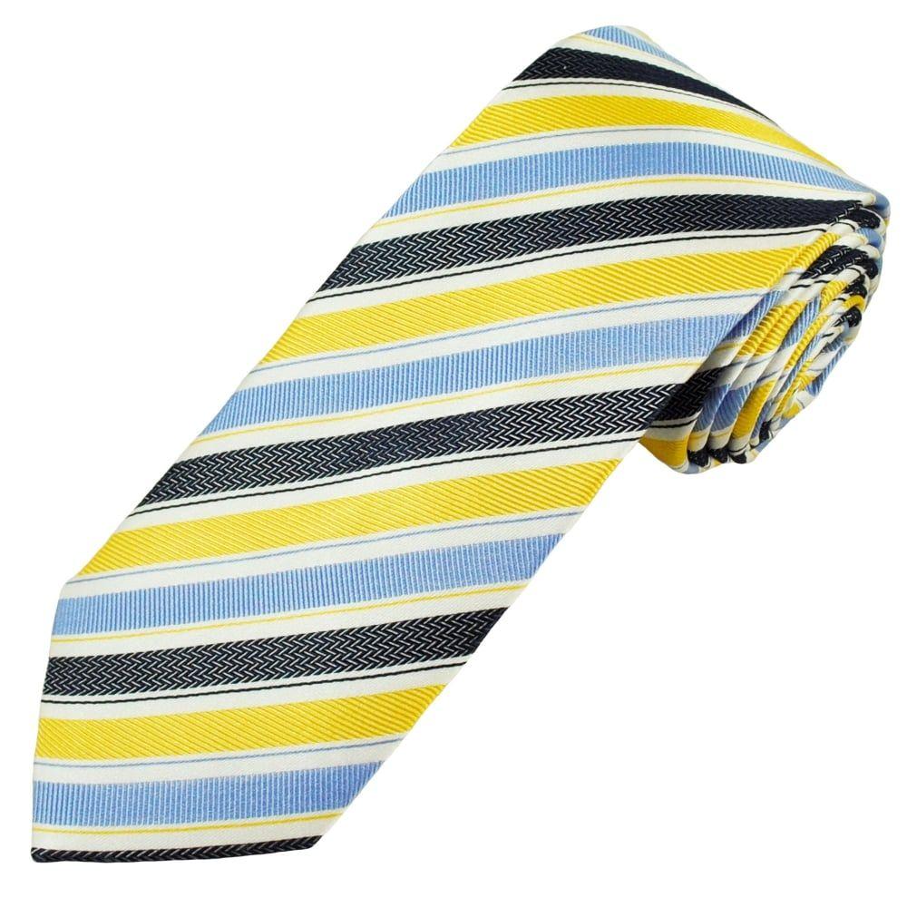 Striped White and Blue and Yellow Logo - White, Light Blue, Navy Blue & Yellow Striped Luxury Men's Silk Tie ...