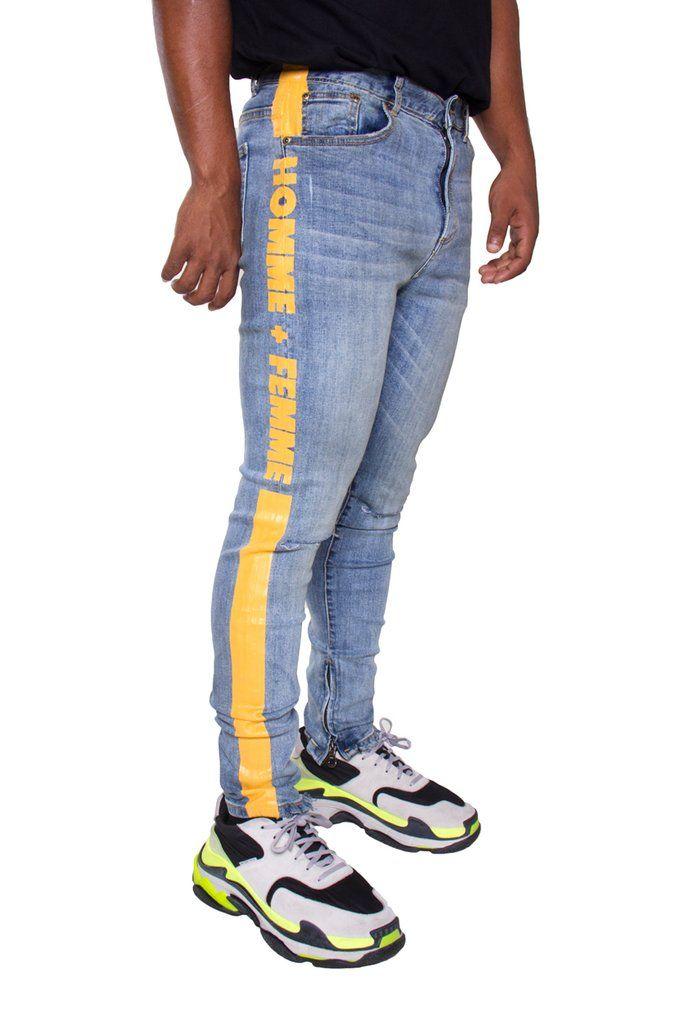 Striped White and Blue and Yellow Logo - Striped Logo Denim Blue With Yellow Stripe - HommeFemmeLA