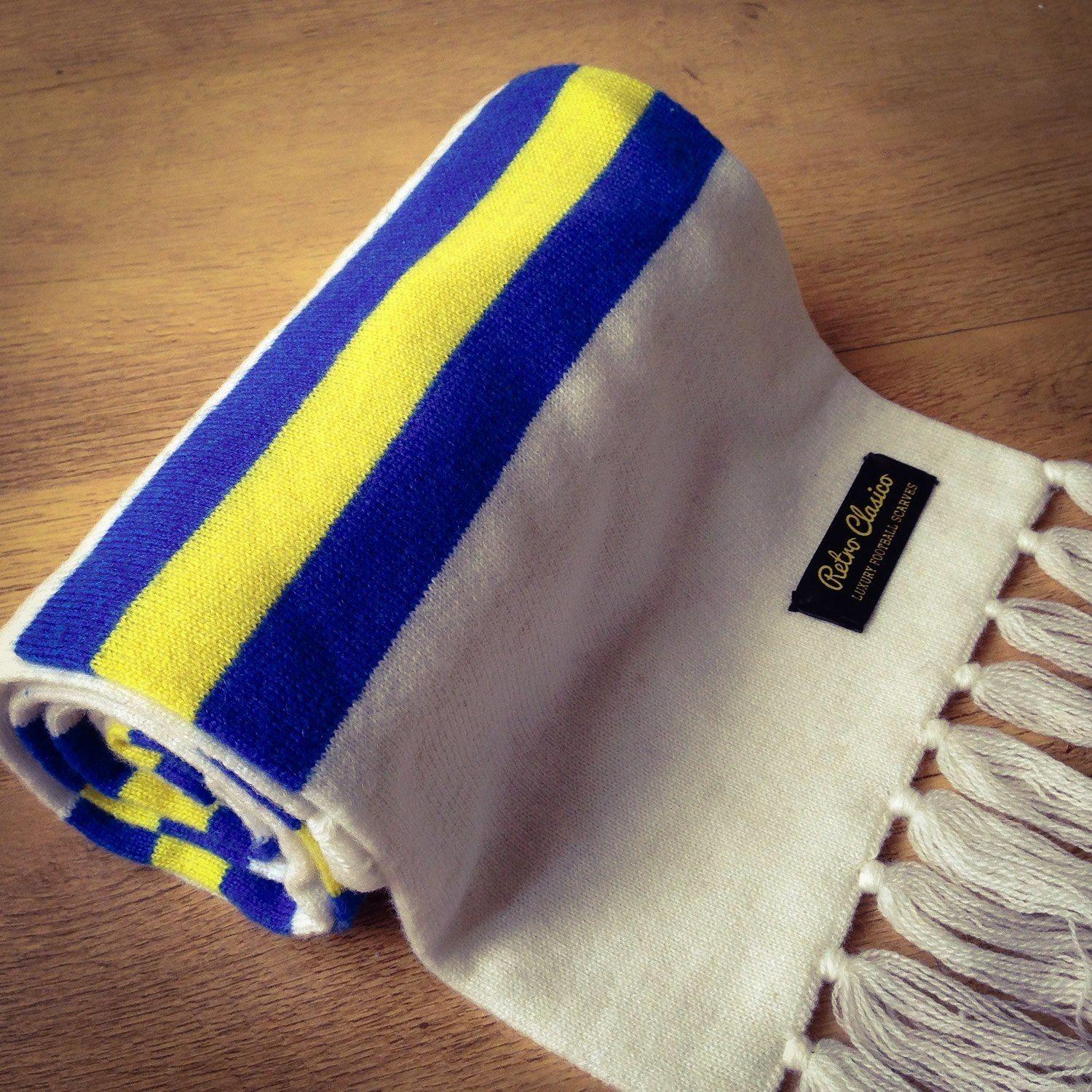 Striped White and Blue and Yellow Logo - Leeds United Luxury Merino Wool Striped Football Scarf