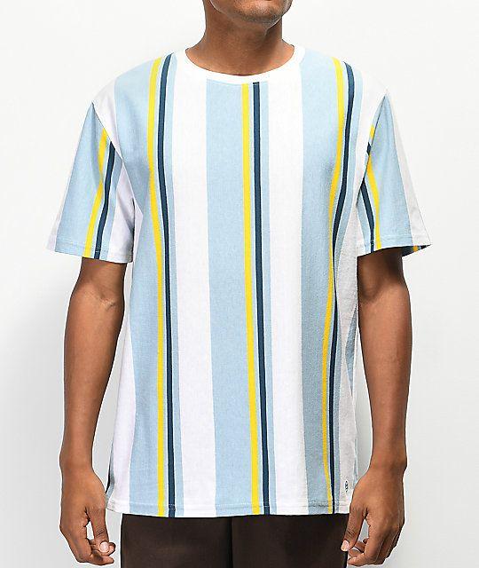 Striped White and Blue and Yellow Logo - Zine Breaker Blue, Yellow & White Vertical Striped T-Shirt | Zumiez