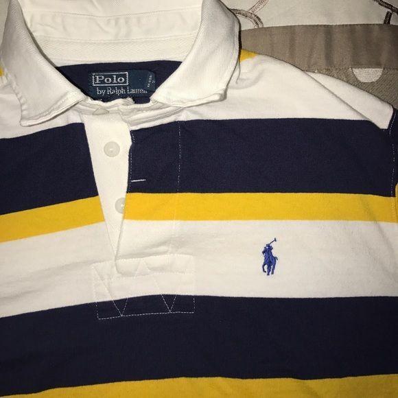 Striped White and Blue and Yellow Logo - Men's medium polo Ralph Lauren rugby shirt | Long sleeve rugby ...
