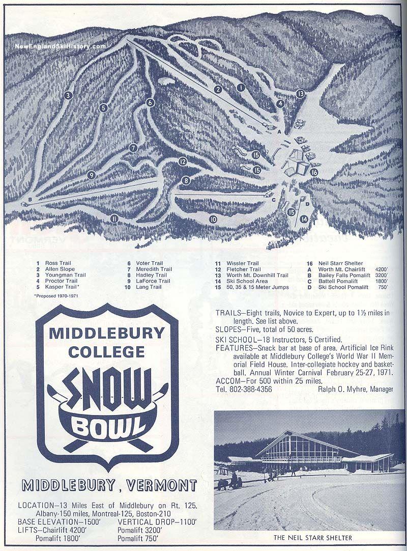 Snow Bowl Logo - 1970 71 Middlebury College Snow Bowl Trail Map England Ski Map