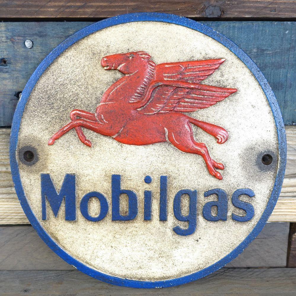 Flying Horse in Circle Logo - Mobilgas Cast Iron Wall Sign Plaque Decor, Pegasus Flying Horse Oil