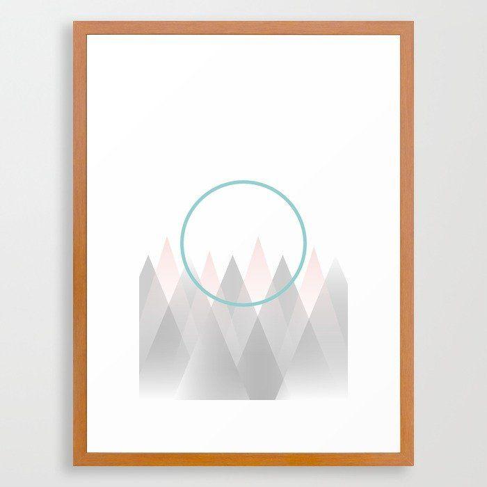 Mountains Pink Blue Line Logo - Minimal Abstract Graphic Mountains Circle Blue Pink Gray Framed Art