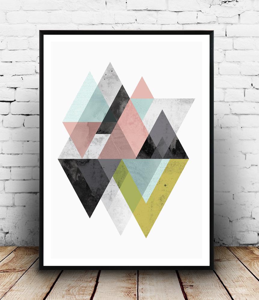 Mountains Pink Blue Line Logo - Geometric Mountains Art Print In Pink, Blue And Yellow Green