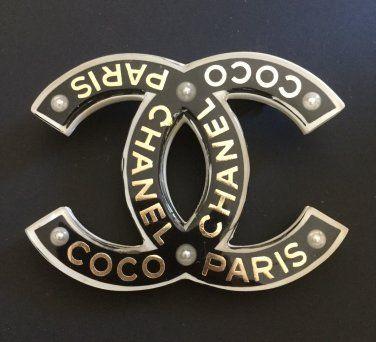 Coco Chanel Paris Logo - COCO CHANEL PARIS CC Fashion Brooch Pin ACRYLIC BLACK White Gold NIB