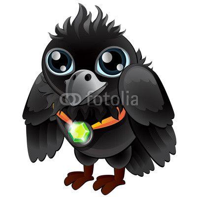 Black Bird Cartoon Logo - Black Raven with green emerald pendant. Cartoon bird character for ...