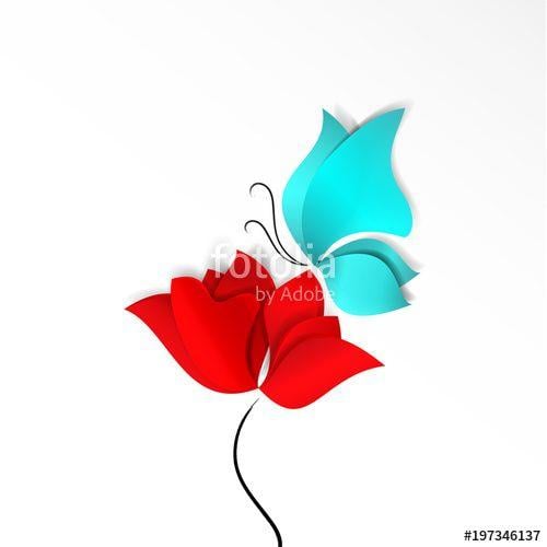 Red and Turquoise Logo - Paper-cut style red flowers, blue butterflies and flying petals on ...