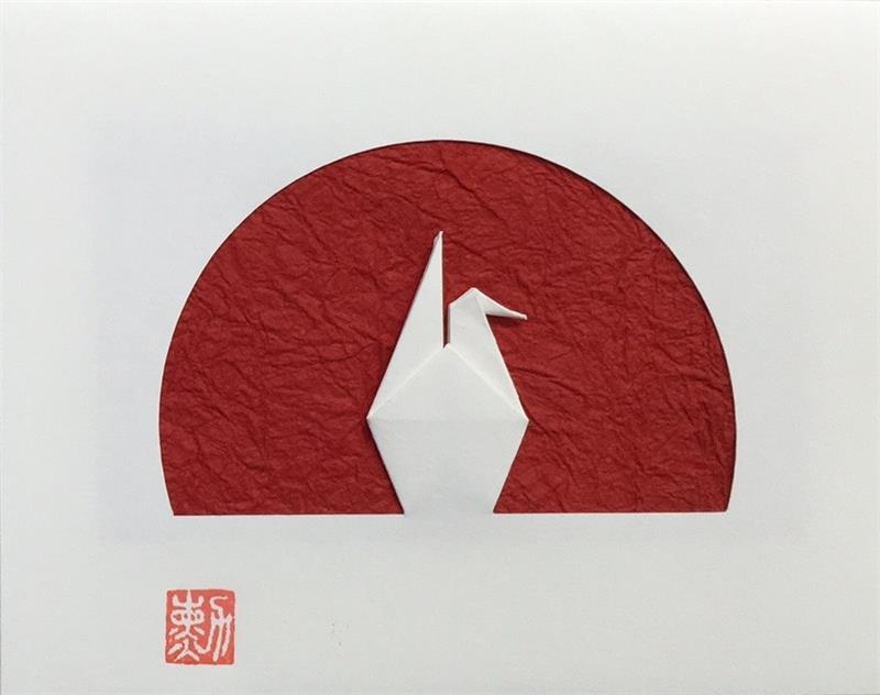 Red Crane Circle Logo - Rising Sun Crane Card