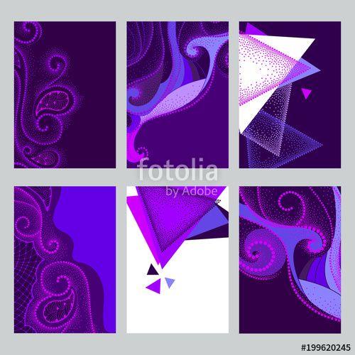 Purple Swirls and White Logo - Vector set with Ultra violet card in dotwork style. Dotted swirls ...