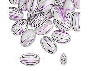 Purple Swirls and White Logo - 60 Puffed OVAL White BEADS w/ Purple + Black Swirls + Stripes 20 x ...