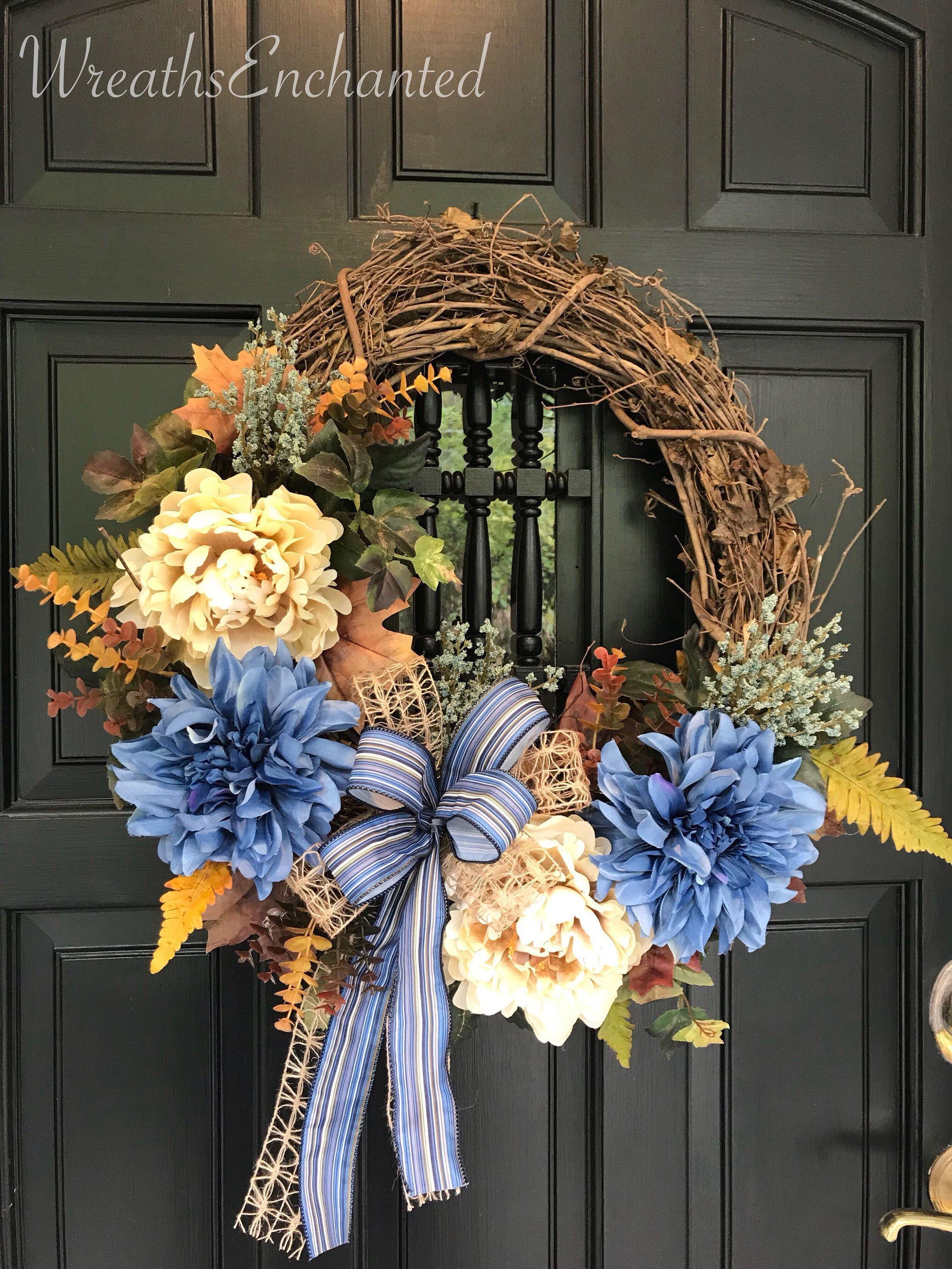 Rustic Wreath Free Flower Logo - Fall Wreath Neutral and Blue Wreath Rustic Wreath Grapevine Wreath ...