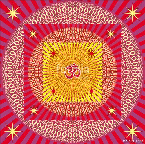 Purple Yellow Circle Logo - Mandala of squares and circles with the Aum / Om /Ohm sign in the ...