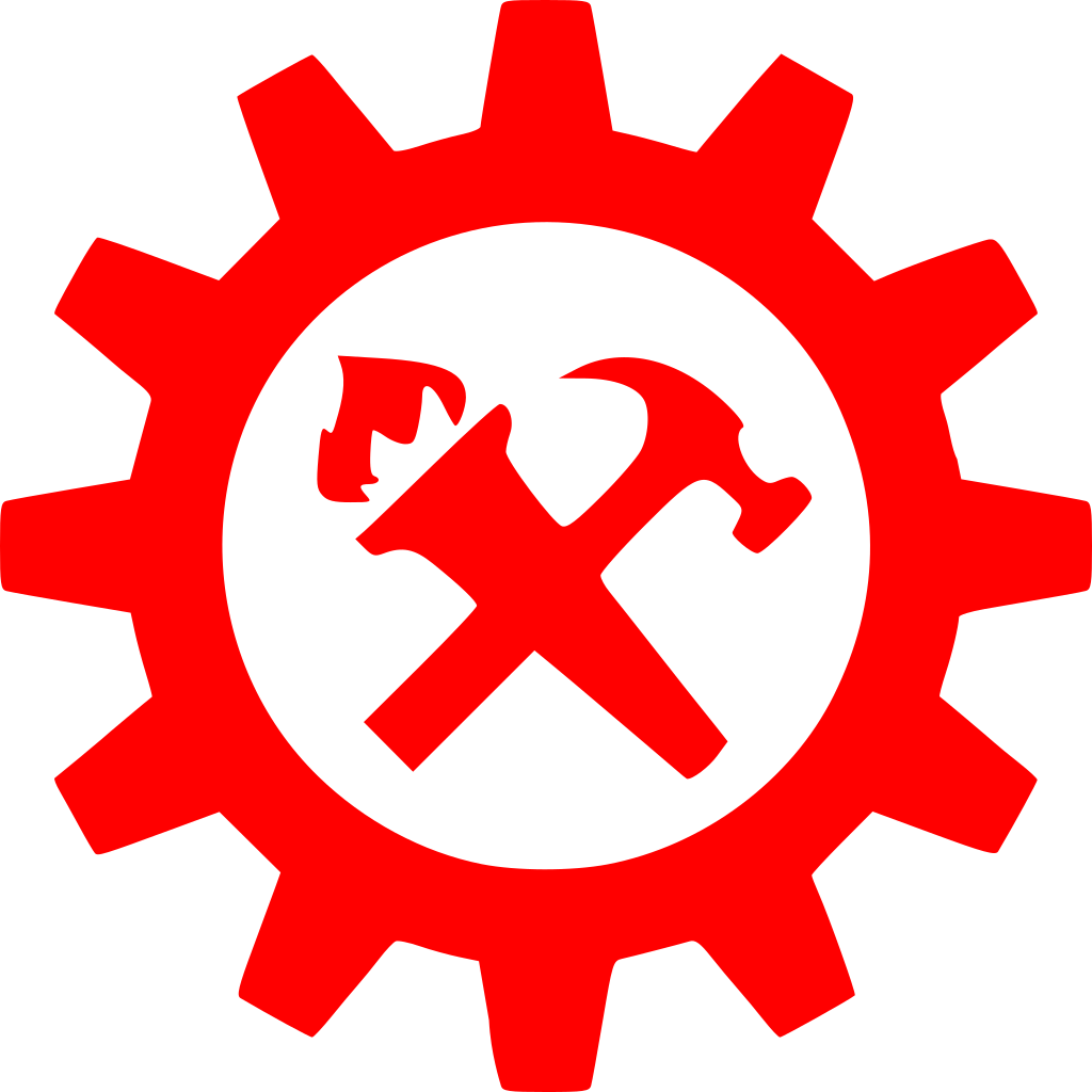 Red Torch Logo - Hammer torch and cog symbol.svg