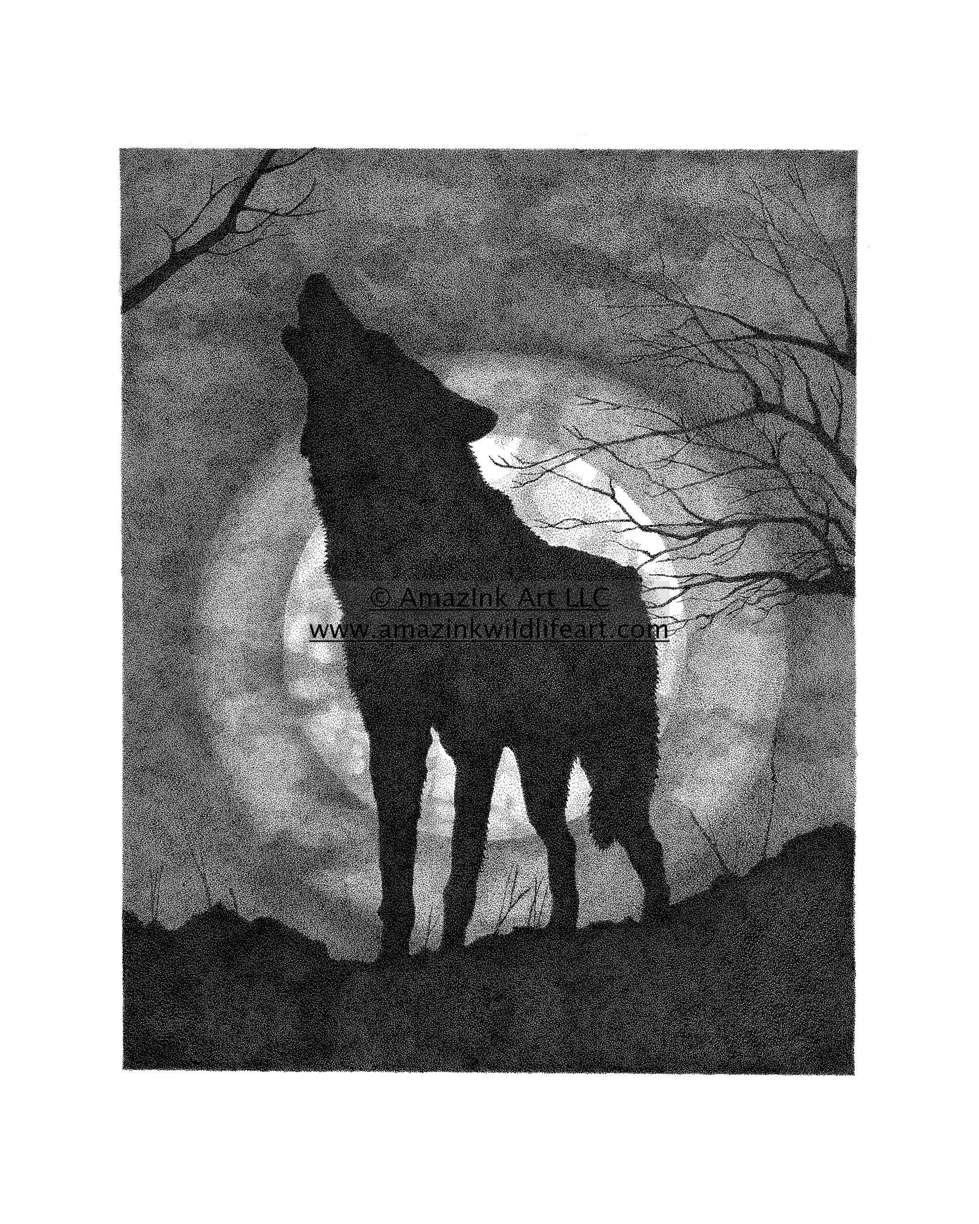 Black and White Drawing of a Wolf Logo - Black and White Drawings - AmazInk Wildlife Art