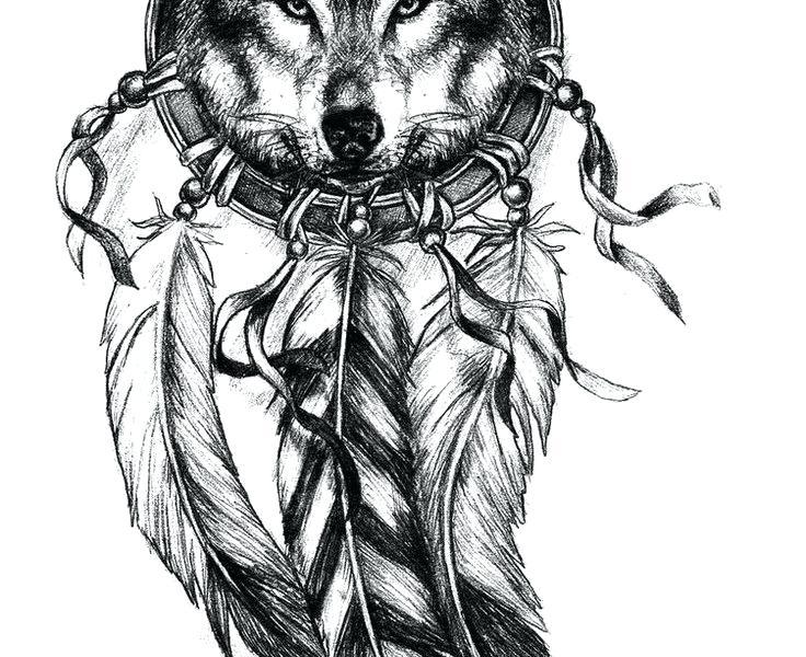 Black and White Drawing of a Wolf Logo - Wolf Dreamcatcher Tattoo Wolf Tattoo Sketch Black Tattoo Sticker ...