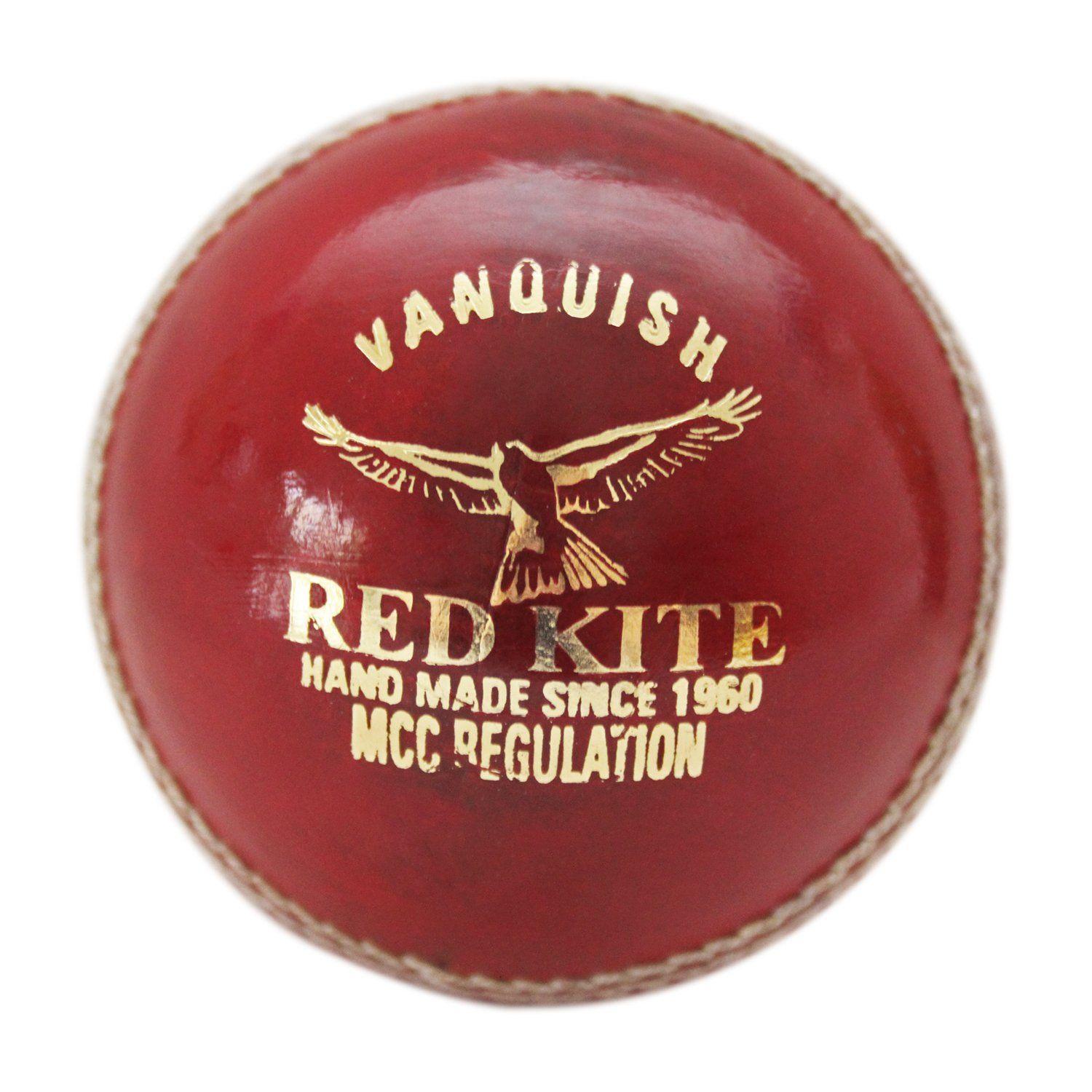 Red Hands On Ball Logo - Vanquish premium red leather cricket ball made from four