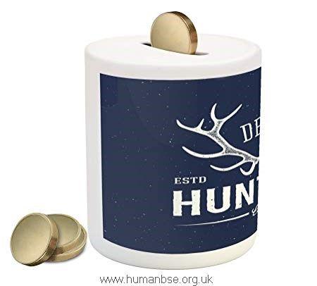 Blue White S Logo - Ambesonne Hunting Piggy Bank Deer Hunter\'s Club Logo Design with ...