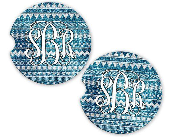 Blue Tribal U Logo - Blue Aztec Tribal Car Cup Coaster Glitter Look Personalized