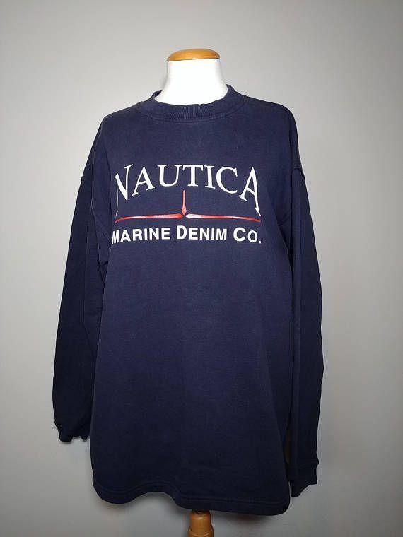 1990s Clothing Logo - Vintage 1990's Nautica Marine Denim Big Logo, Spell Out Sweatshirt ...