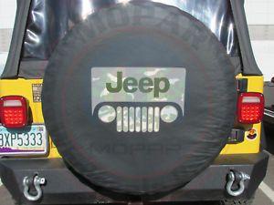 Camo Jeep Logo - JEEP WRANGLER Black Denim Spare Tire Cover with Woodland Camo Jeep