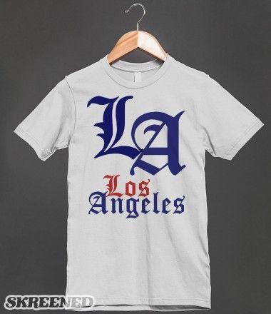 Old Red White Blue Clothing Logo - Los Angeles Baseball Detroit Style Old English LA Logo T-Shirt (Blue ...