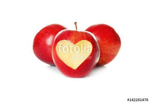 Fruit Heart Shaped Logo - Fresh red apples and one with heart-shaped cut out on white ...