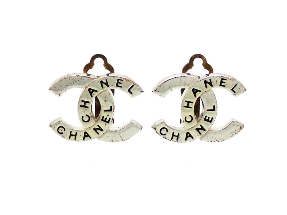 Double C Letter Logo - Authentic vintage Chanel earrings Silver CC letter logo Double C