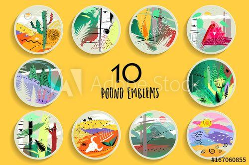Trendy Round Logo - Set of ten trendy round hand drawn emblems of nature, landscapes on ...
