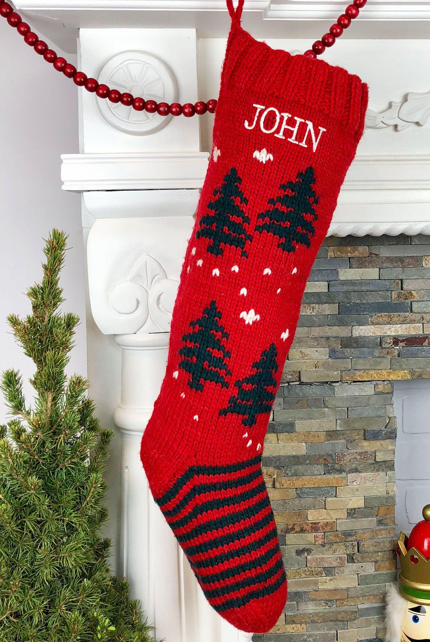 Green Tree with Red S Logo - Red Green Tree Christmas Stocking – Hand Knit Holiday